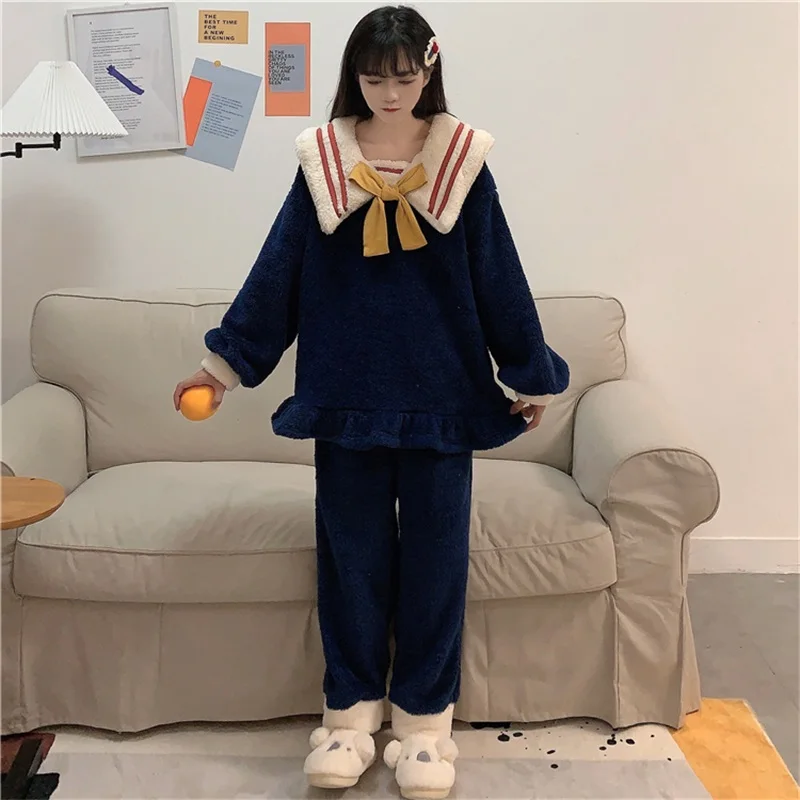 Tracksuit Sweety Girly Kawaii Peter Pan Collar Bow Color Contrast Full Sleeve Ruffle Tops Fleece Home Pajamas Two-Piece Suit