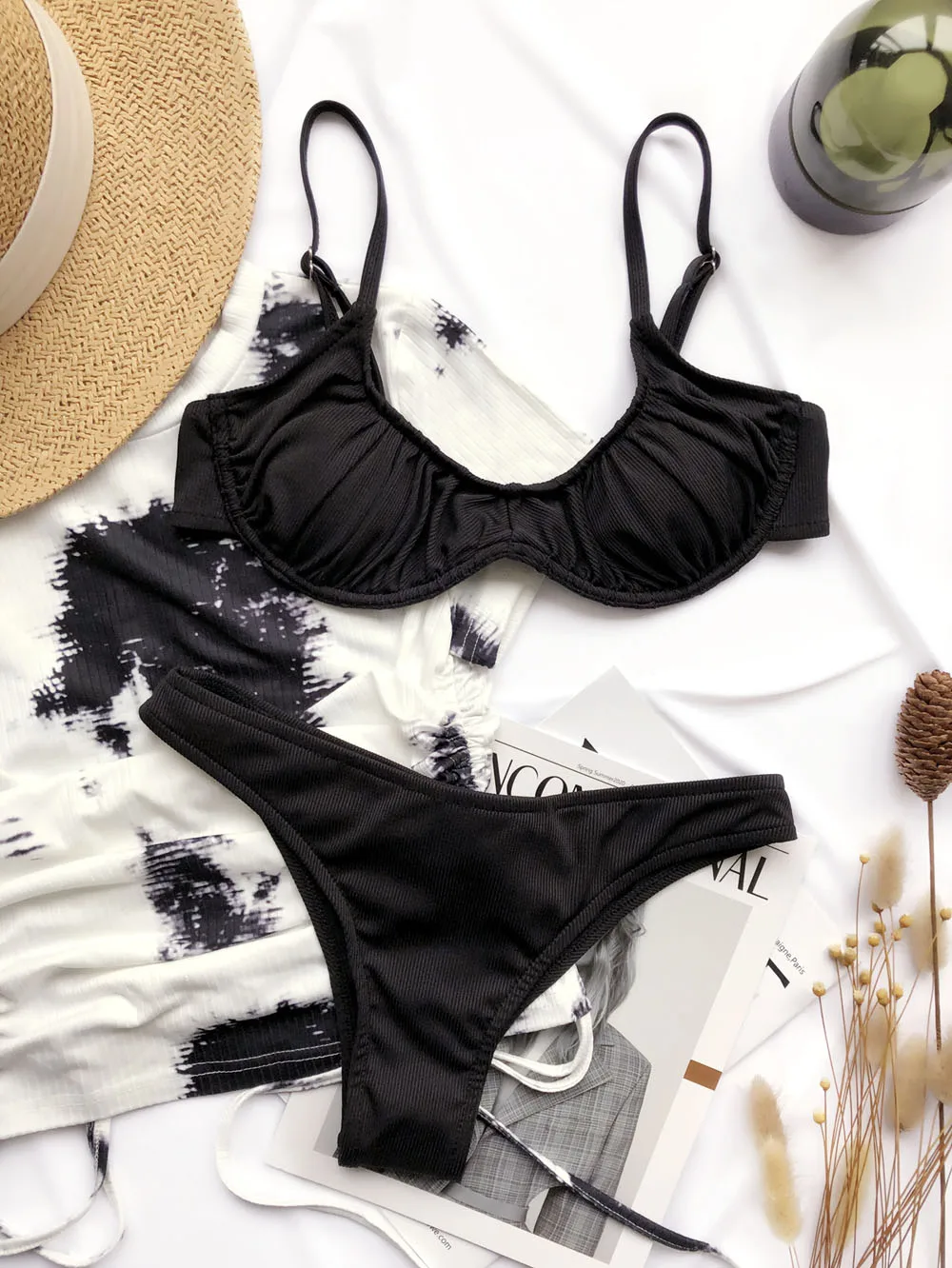 

Summer Solid Ruched Push Up Bikinis Ribbed Swimsuits Women Swimwear Bathing Suits High Leg Beachwear 2021 New Sexy Biquini