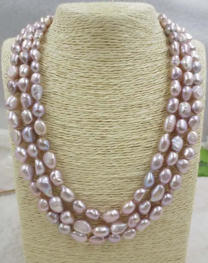 

3 row purple baroque 9-10mm genuine freshwater pearl necklace 50/54/58 cm