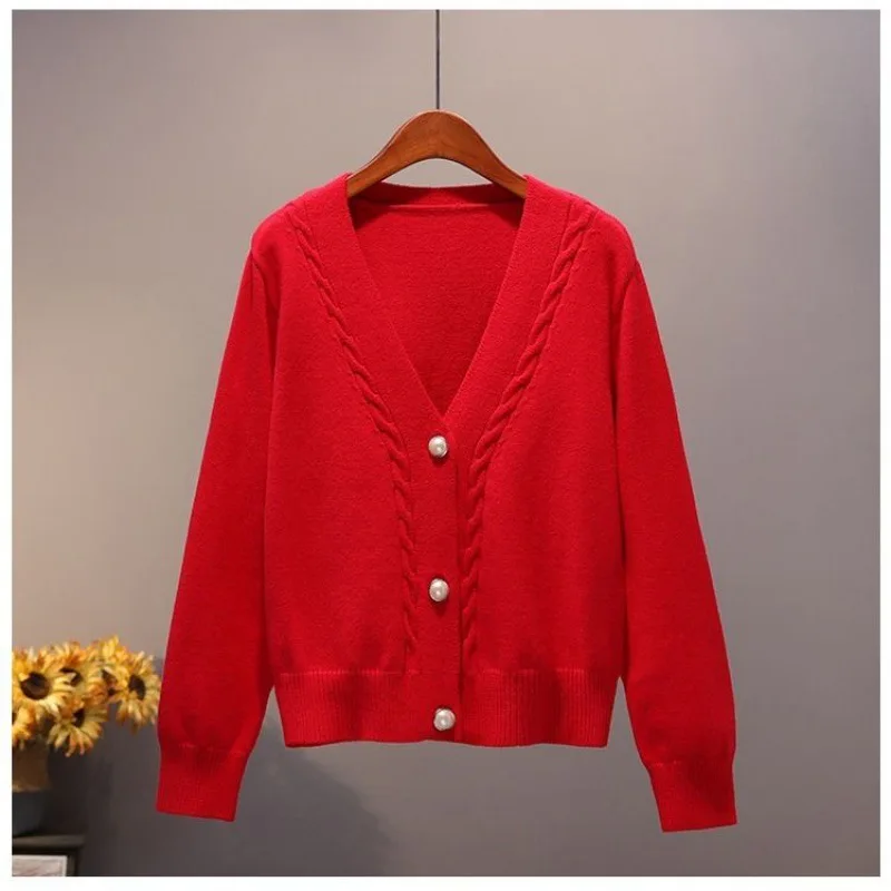 

Autumn 2020 Knitted Cardigan Long Sleeve Red Cardigans Sweater Women Korean Style White Loose Knitting Cardigan Tops