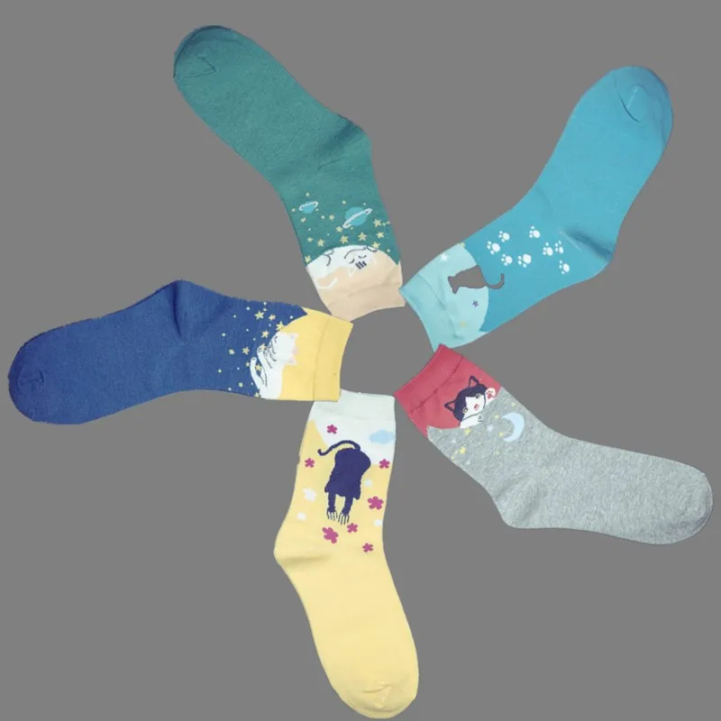 

10 Pairs/Set Woman Socks Cute Cartoon Cat Calcetines Mujer Mid Stockings 2021 Fashion Medias Cotton Chaussettes Winter Spring