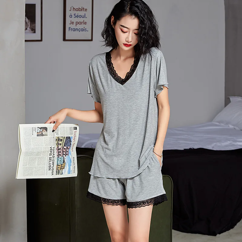

Summer Modal Pajamas Shorts Lace V-neck Short Sleeve Tshirt Tops Two Piece Sets Loungewear Home Cloth Sleepwear