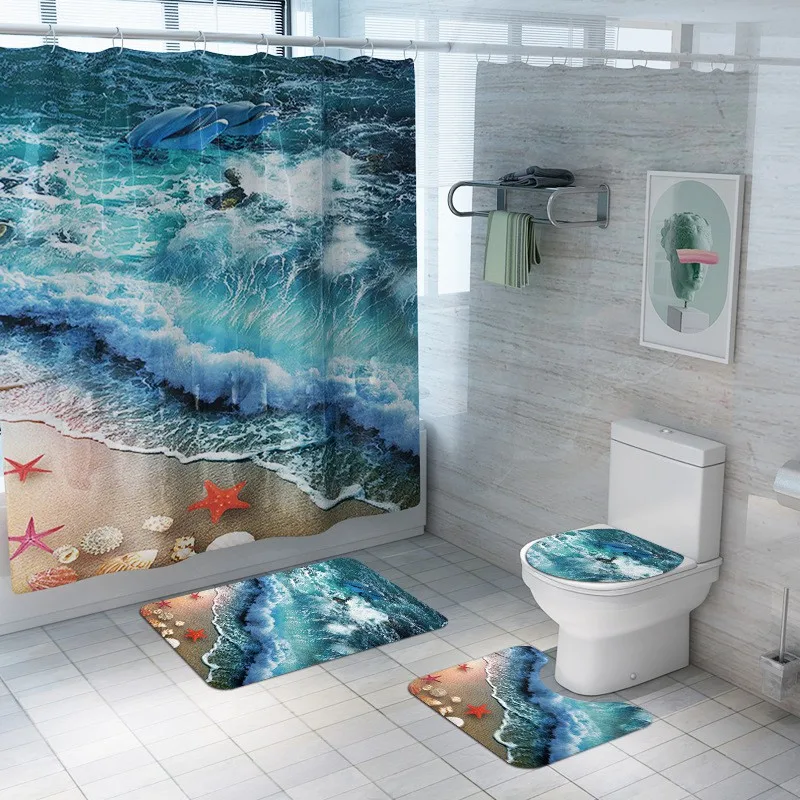 

Nordic Style Shower Curtain Set Ocean Landscape Home Decoration Bathroom Curtains Floor Mat Four Piece Set Best Selling