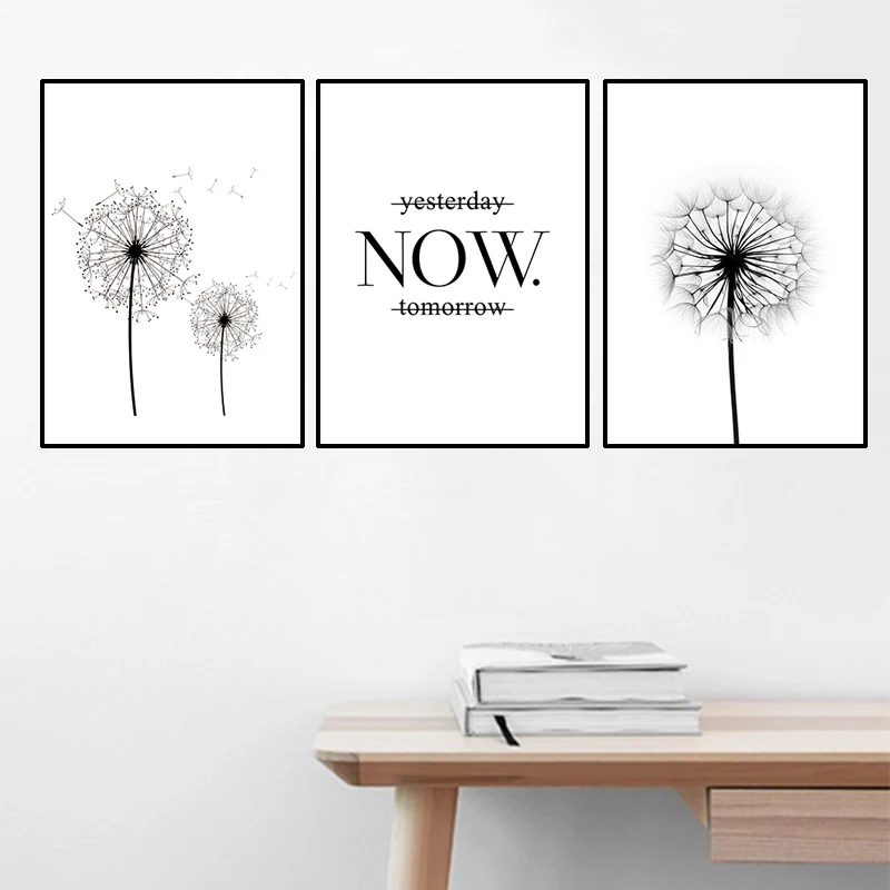 

Yesterday Now Tomorrow Motivational Quote Poster Wall Art Print Minimalist Black White Dandelion Prints Canvas Painting Decor