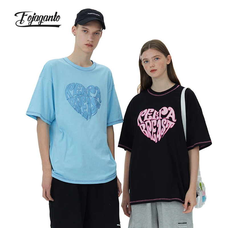 

FOJAGANTO New Men Korean T-shirt Lettered Heart Printed Short Sleeve Tee Hip Hop Street Loose Casual Couple Summer T-shirt Male