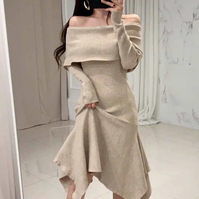 Vintage Sexy Slash Neck Long Sleeve Ruffle Hem Long Sweater Dress Women Slim Waist Irregular Elastic Knitted Dresses Autumn 2021