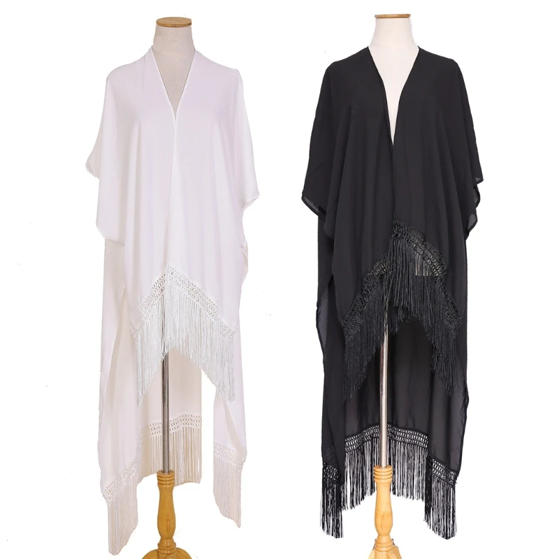 

67JF Women Summer Swimsuit Cover Up High Low Asymmetrical Tassel Hem Kimono Cardigan Loose Chiffon Open Front Beach Blouse