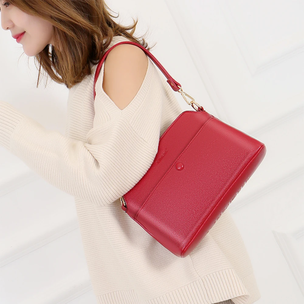 Женские сумки из натуральной кожи модные с линиями личи большие ручные красные