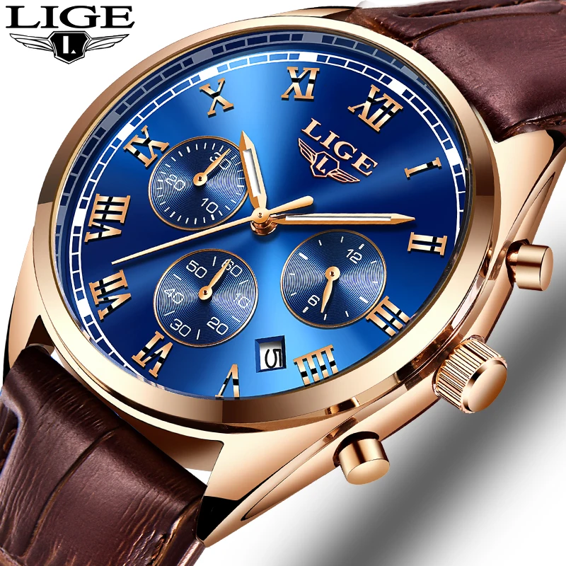 

LIGE Mens Watches Gift Top Luxury Brand Waterproof Sport Watch Chronograph Quartz Military Genuine Leather Relogio Masculino