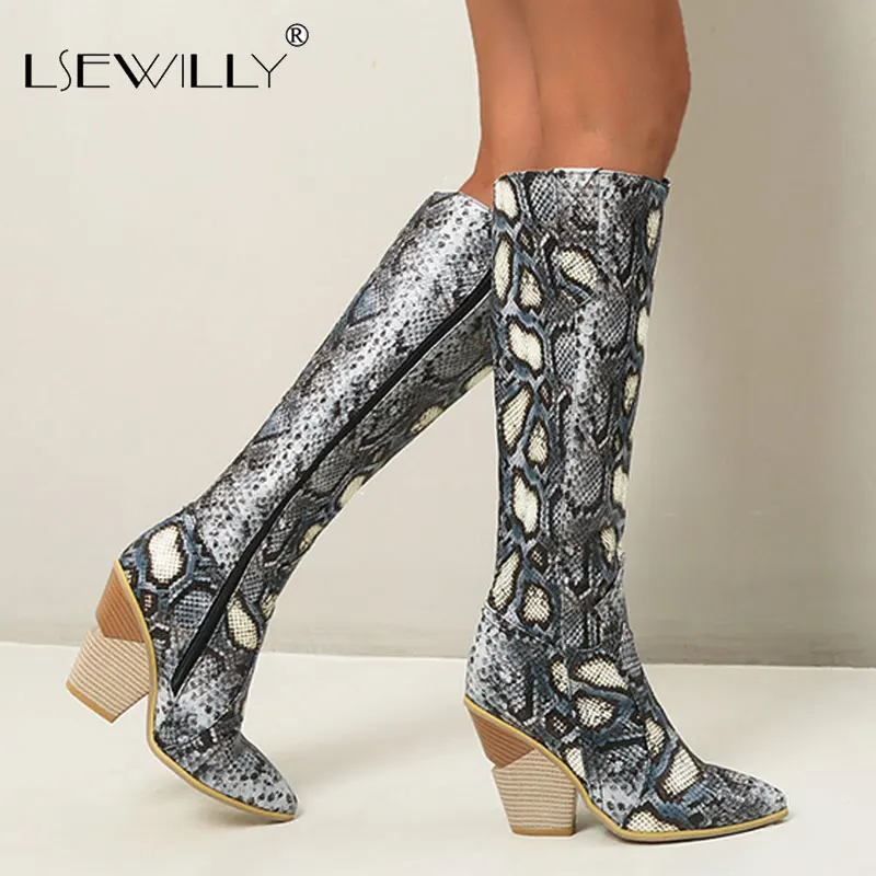 

Lsewilly Size 48 Woman Knee High Boots Snake Skin Spike High Heels Western Cowboy Boots Winter Shoes Woman Boots Female Shoes