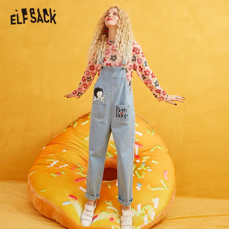 ELFSACK, с принтом Бетти, прямые брюки, комбинезоны для женщин, джинсы, осень, модные, длинные, вареные, повседневные, офисные, для девушек
