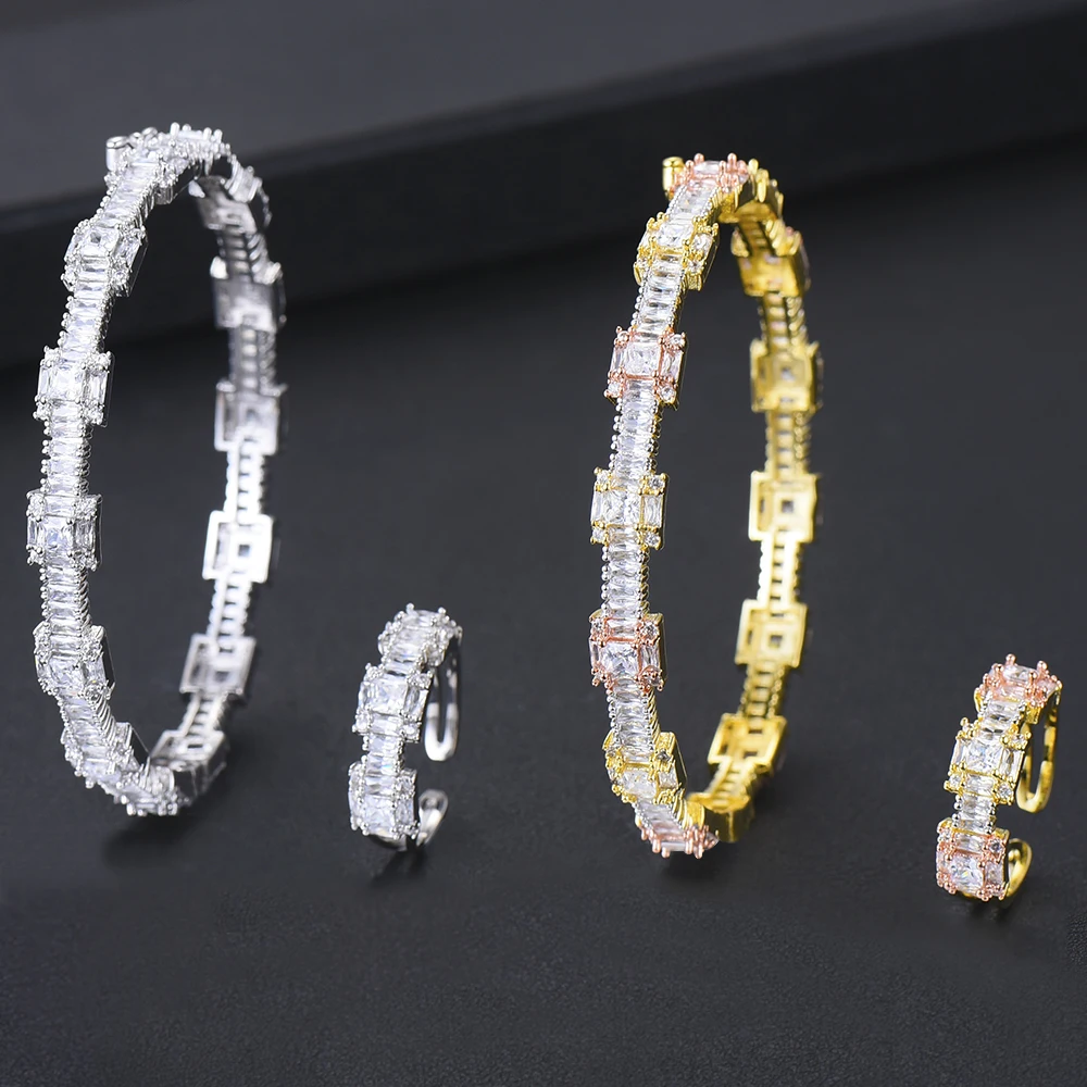 

LARRAURI Super Luxury Full Micro Cubic Zirconia Flowers Leaf Geometry Bangle Ring Sets For Women Wedding Dubai Jewelry Sets