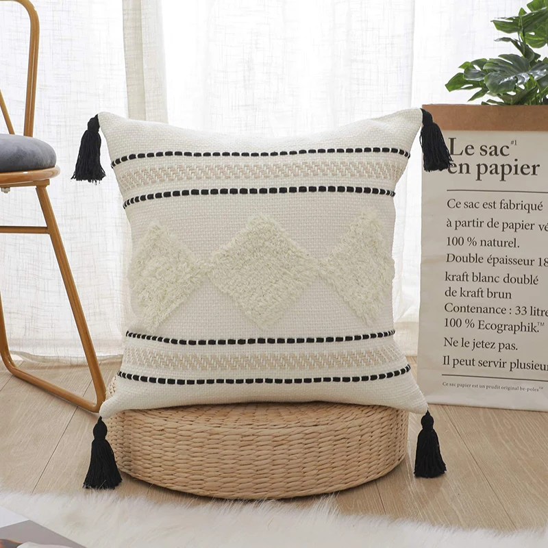 

Tufted Cushion Cover 45x45/30x50cm/50x50cm White Black Pillow cover Woven Tassels for Home Bedroom Living Room Decoration