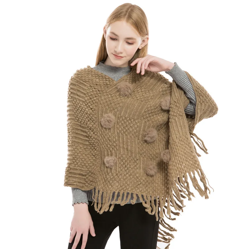 

Women Autumn Winter Indoor Solid Color Pashmina Thin Shawl Soft Tassel Ladies Office Pom Pom Pullovers Poncho
