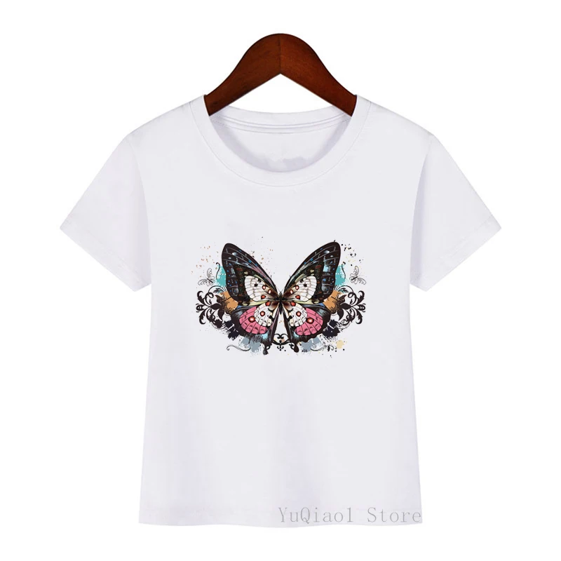 

Nice butterfly/flower angel wing/anchor print girls t-shirt lovely children's summer top clothes baby girls white t shirt tees