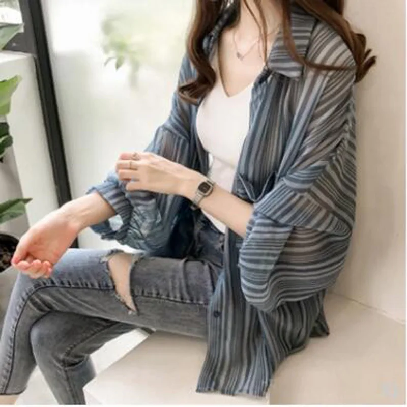 

4xl на осенне-летний сезон полосатый рукав-фонарик солнцезащитный крем тонкой верхней шифоновой отделкой Женские топы и блузки пальто Blusas De ...