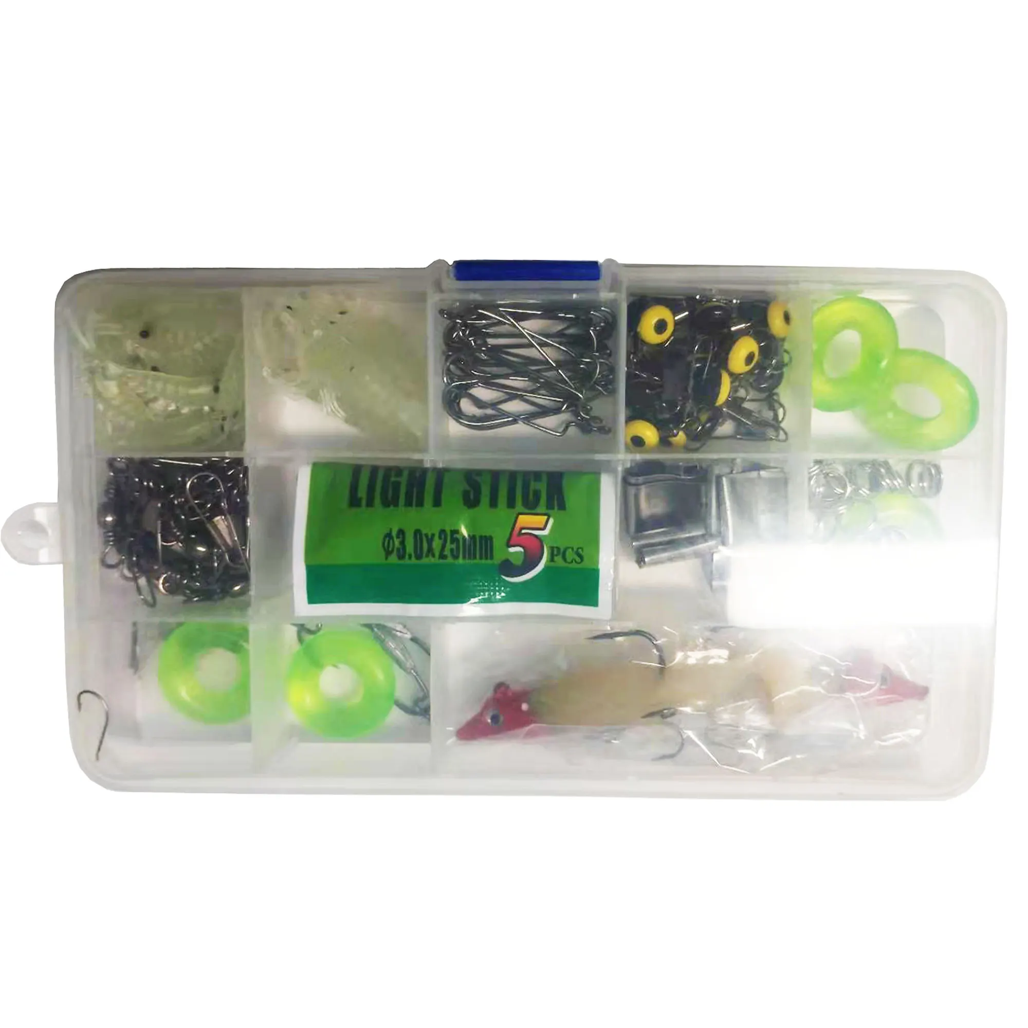 5Boxes/set Fishing Accessories Kit 130pcs Fishhooks Soft Shrimp Lures Swivels Lead Rubber Baits Rod Clips with 15-Grid Clear Box enlarge