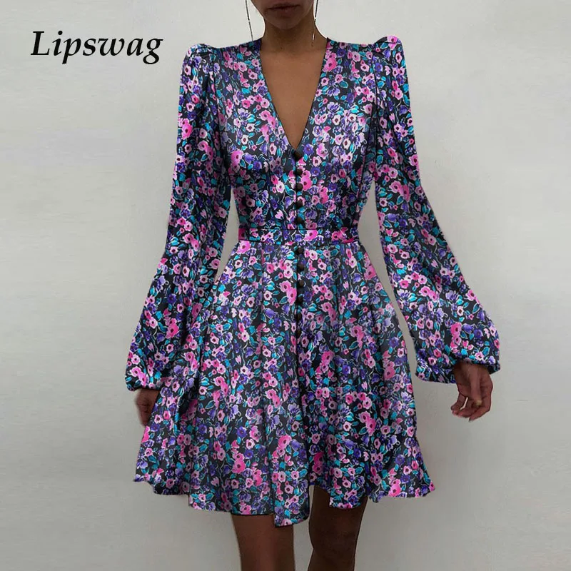 

Women Satin Floral Print Long Sleeve Dress 2021 Spring Elegant Button A-Line Dress Ladies Autumn Sexy V-Neck Party Dress Vestido