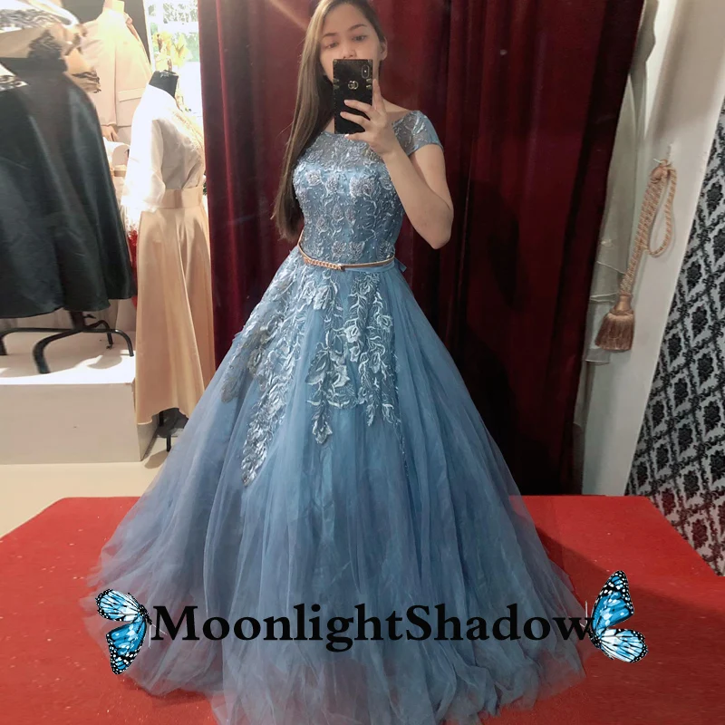 

Ash Blue Tulle Evening Dress Aline Flower Appliques Tank Dubai Arabic Saudi Arabian Vestidos De Festa Prom Custom Made