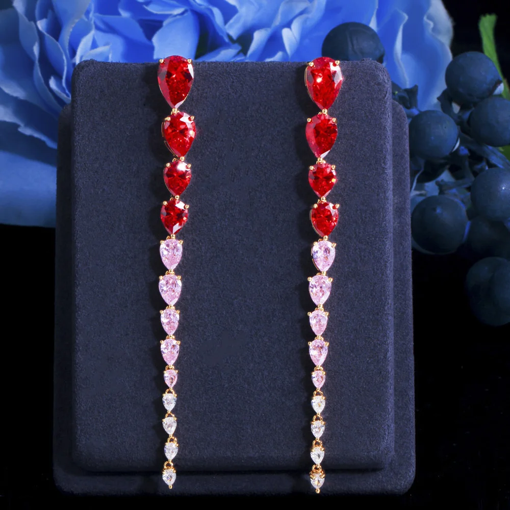 

ThreeGraces Elegant Red Pink Cubic Zirconia 96mm Long Water Drop Dangle Engagement Earrings for Ladies 2021 Trend Jewelry ER642