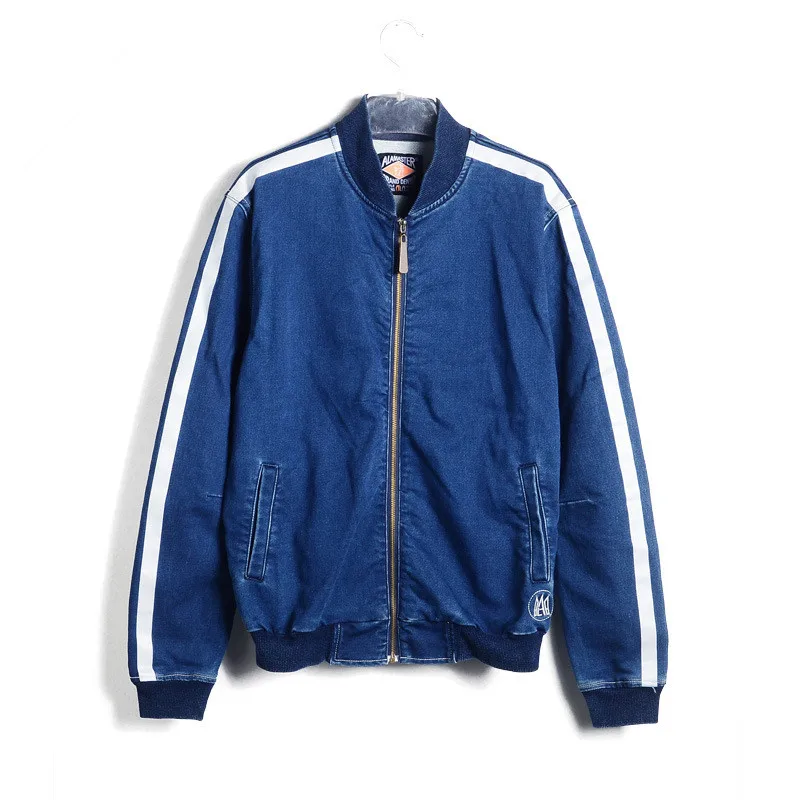 

2021 men's striped patchwork baseball autumn zipper Stretch denim men fasion streetwear sport jacket male