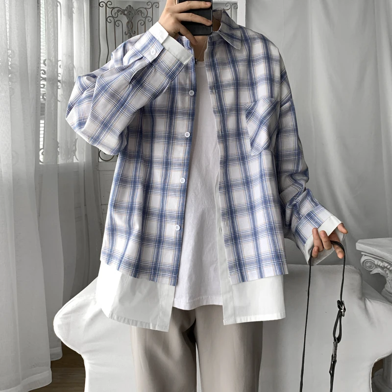 Мужская свободная рубашка с принтом в клетку Повседневная длинными рукавами 4 цвета большие размеры S XL