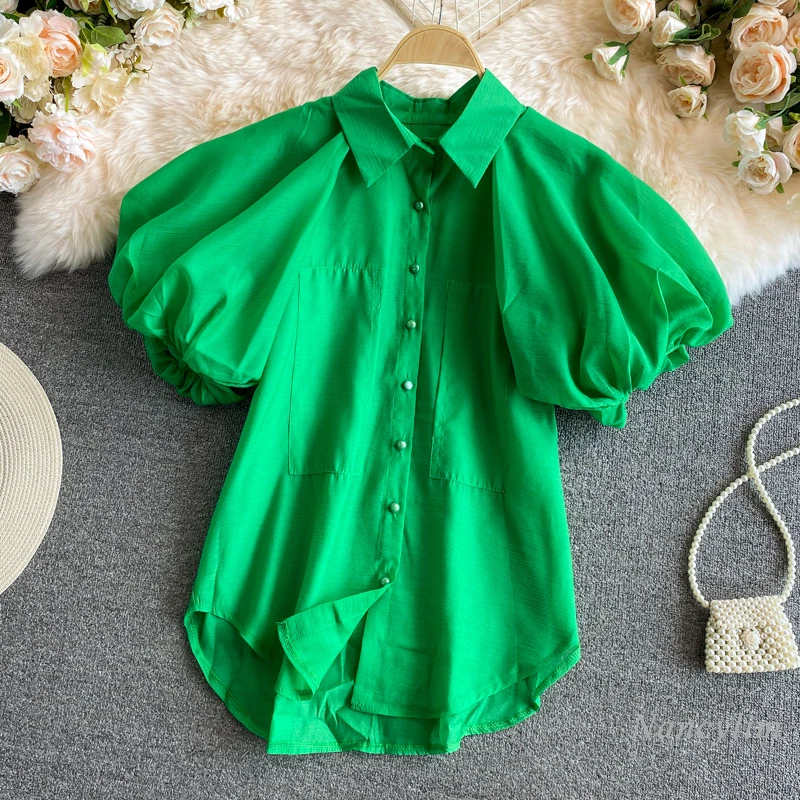 

Short Lantern Sleeve Blouse Women 2021 Summer Top Loose Solid Color Shirt Girls Ladies All-Match Blusas Mujer Green Pink White