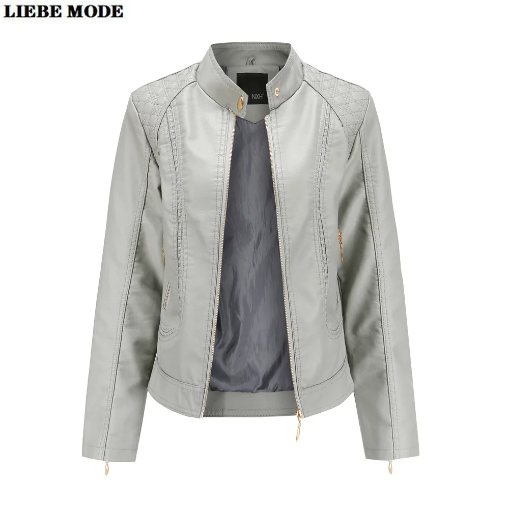 Ladies Faux Leather Jacket Women Zipper Motor Biker Pu Leather Jacket Coat Stand Collar Grey Brown Khaki Red big Size Outwear