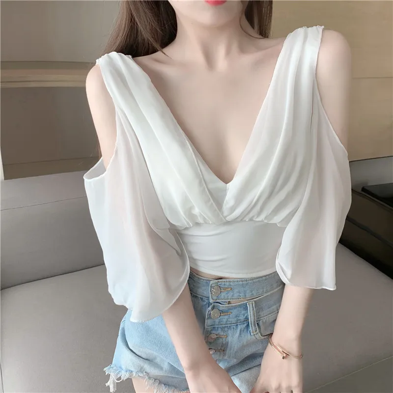 

Strapless Off Shoulder Short-sleeved Chiffon Shirt Women's Summer 2021 Korean Style V Neck Sexy Stitching Short Top White Black