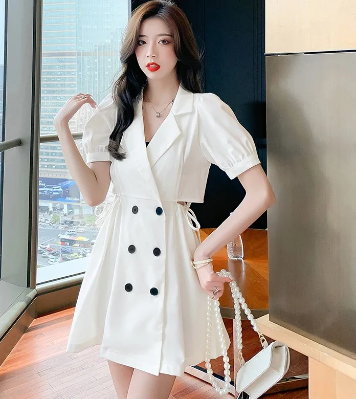 

Summer Dress 2021 Women Casual Double Breasted Notched Collar Mini Dress Lady Sexy Hollow Waist Girls Black Vestidos