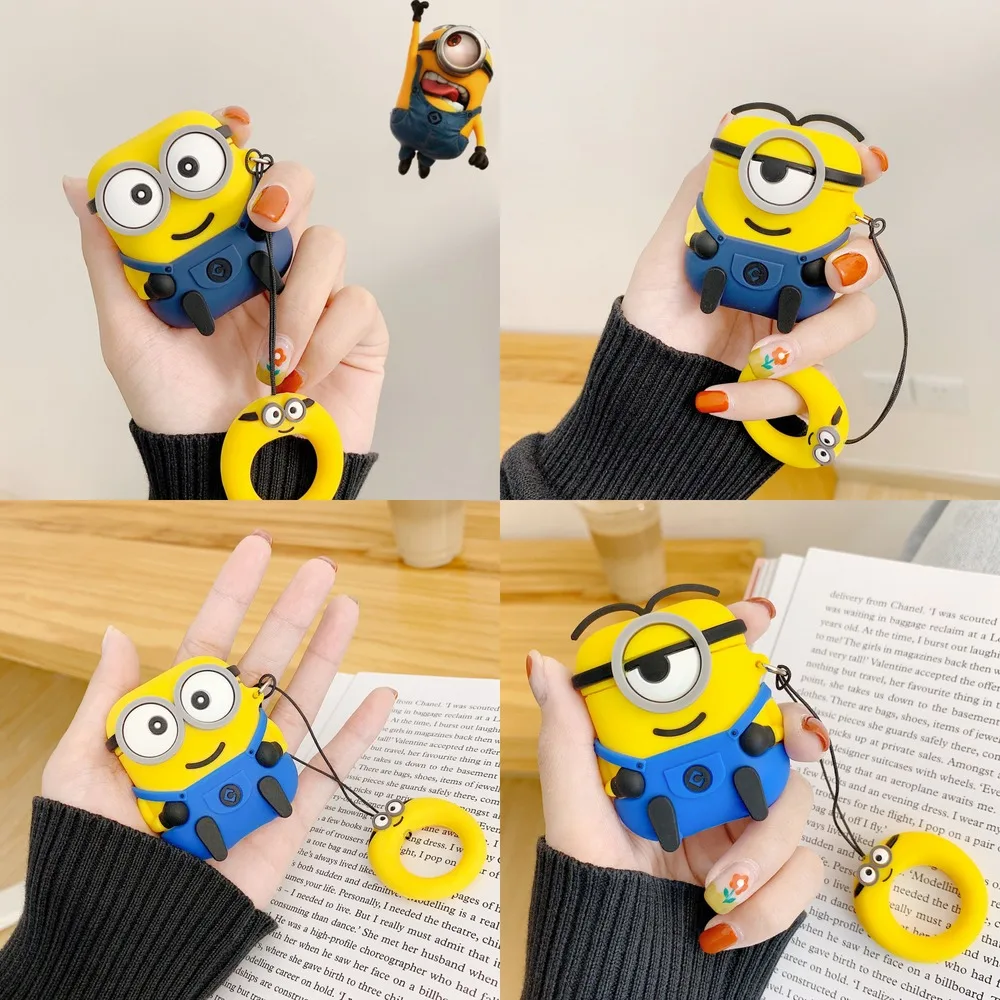 Палец кольцо ремешок беспроводные наушники защитный чехол 3D Миньоны Силиконовые наушники чехол для Apple AirPods 1 2 Проводная зарядная коробка