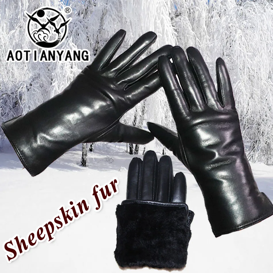 

AOTIANYANG Women's Wool Sheepskin Gloves Thicken Warm Winter Windproof Riding Skiing Cold Real Sheepskin Fur Leather Gloves 2021
