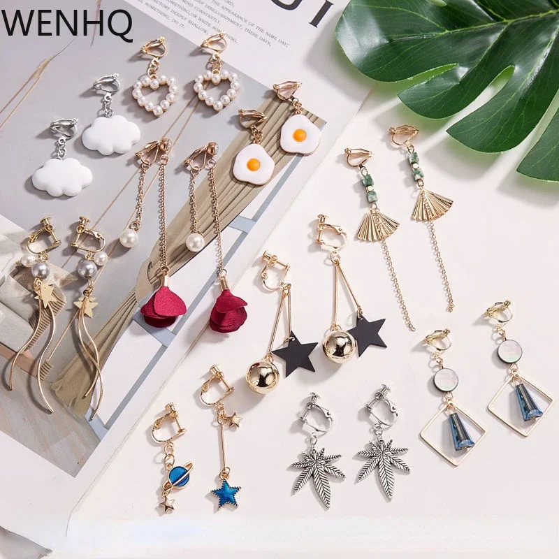 

WENHQ Korean Style Women's Clip on Earrings No Pierced for Women Fashion Handmade Cuff Earrings Hypoallergenic Ear Clip Jewelry