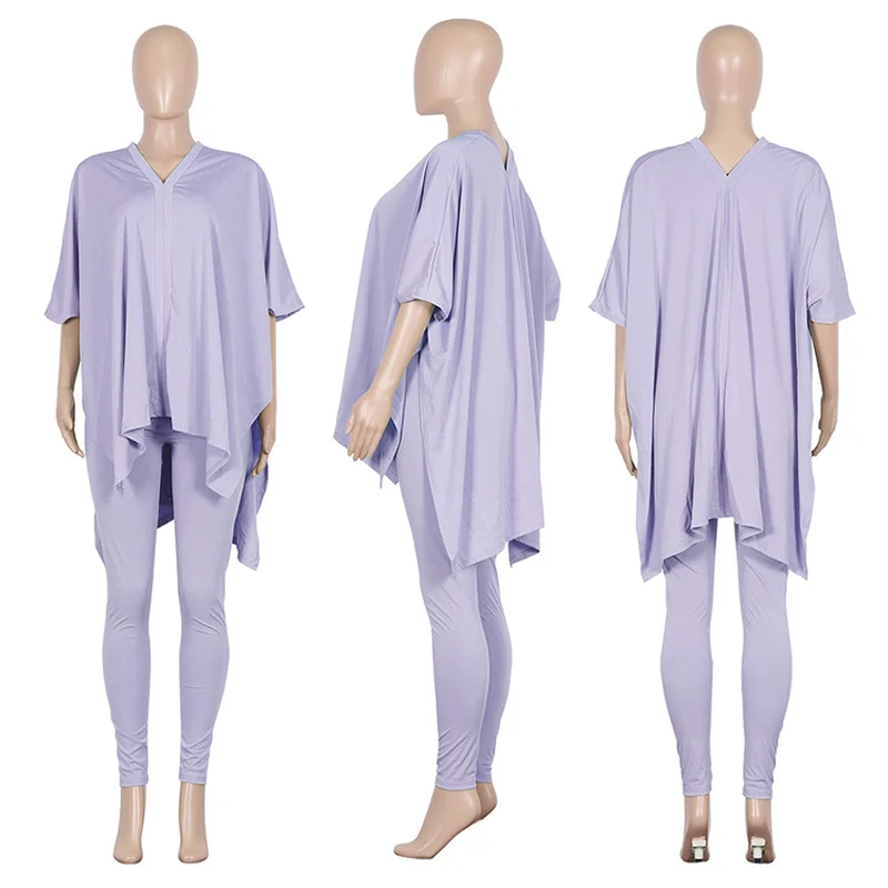 

LEOSOXS Summer Fashion Two Piece Set Women's V-neck Casual Solid Split Top And Pants Outfits Tracksuit Female Homewear S-2XL