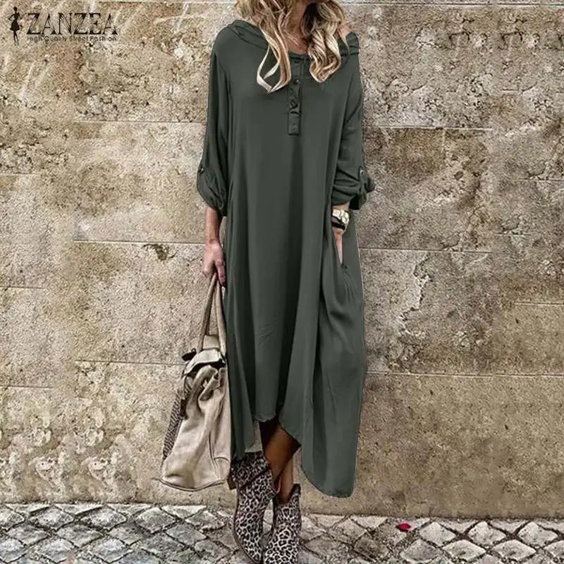 ZANZEA Autumn Hoodies Sundress Women Solid Long Sleeve Shirt Dress Casual Loose Work Vestido Dresses Kaftan Robe Femme 7 | Женская