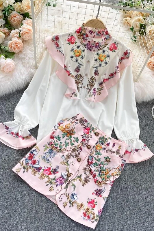 

Palace style retro print western style skirt suit two-piece suit ladies temperament ladies shirt all-match skirt trend