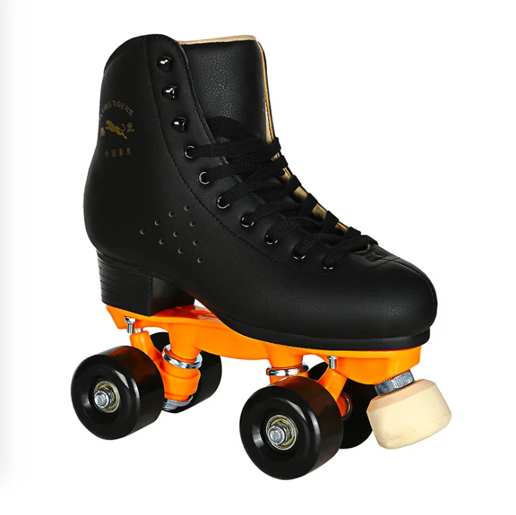 

Double row skates real cowhide roller skates adult men and women black roller skates four-wheeled shoes with adjustable brakes