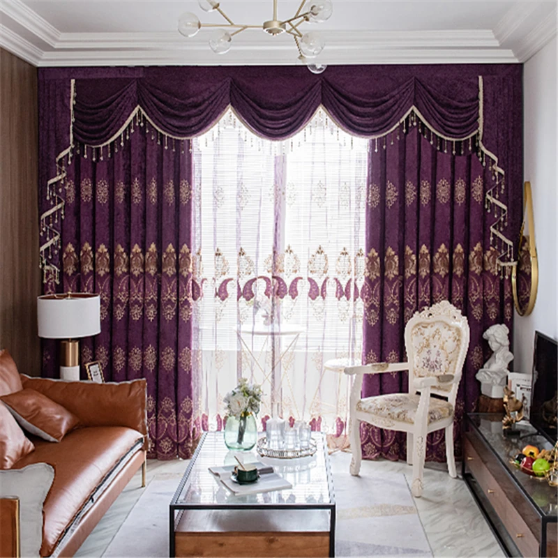 

Custom curtain European living room bedroom chenille embroidered purple thick cloth blackout curtain valance tulle panel C601