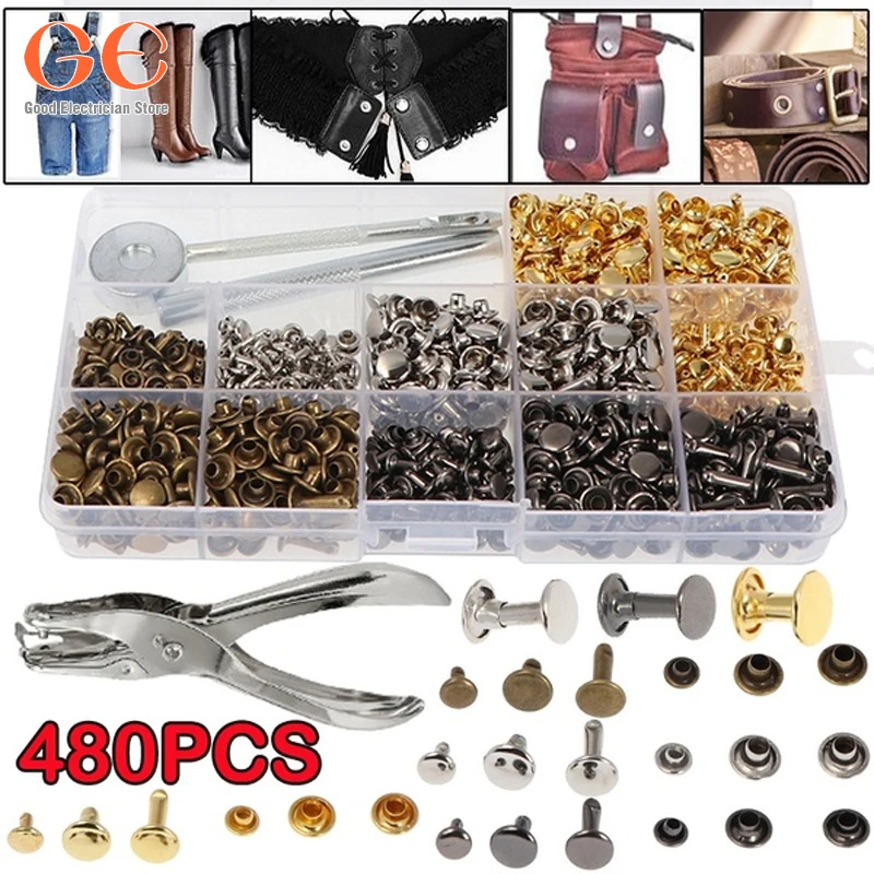 

480PCS Leather Double Cap Rivets Metal Tubular Rivets for Leather Craft Repairs Decoration with Punch Pliers Fixing Tools rivets
