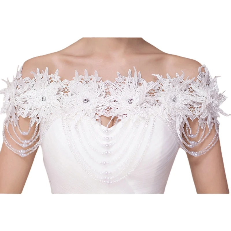 

Women Wedding Off Shoulder Shawl Wrap Floral Appliques Pearl Beading Tassel Decorative Shrug Bridal Prom Dress Accessory