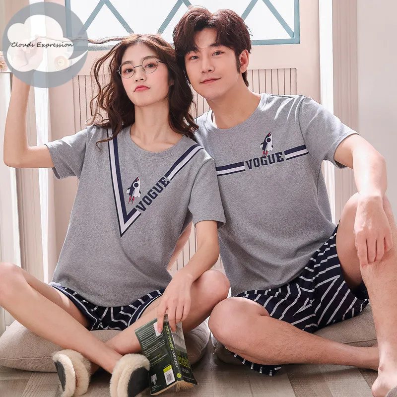 

Cotton Cartoon Women's Pajama Sets Couple Stripe Sleepwear Mujer Pyjamas Nightwear Mens Pajamas 3XL Home Clothing Summer Pyjamas