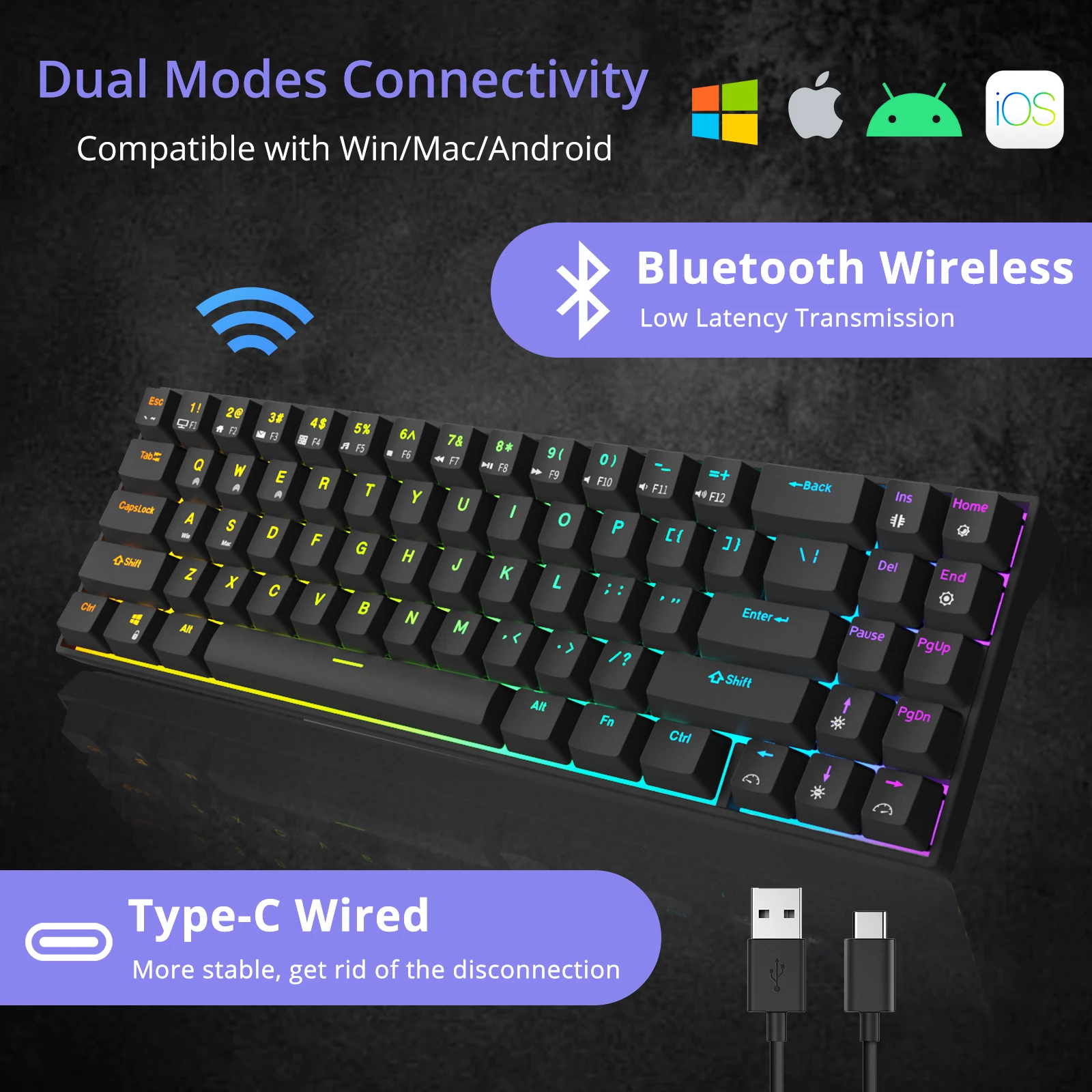 rk71 70 hot swappable mechanical keyboard wireless bluetooth type c rgb 71 keys mechanical gaming keyboard detachable cable free global shipping