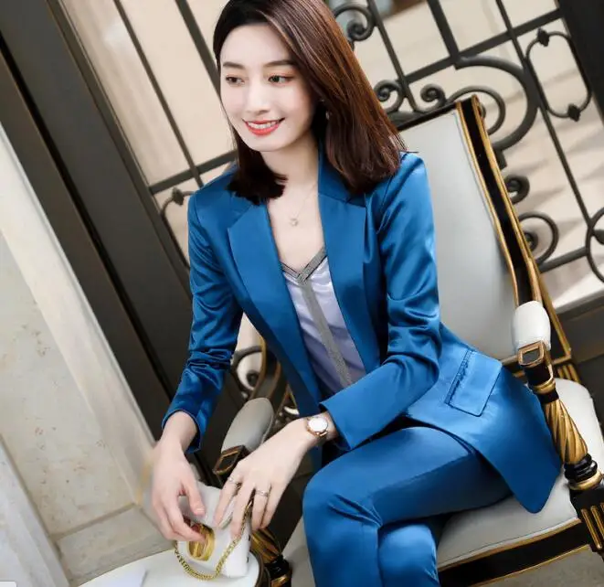 

Business Women Pants Suit New Formal Red Solid Long Sleeve Blazer and Trousers Office Ladies Temperament Work Wear Blue