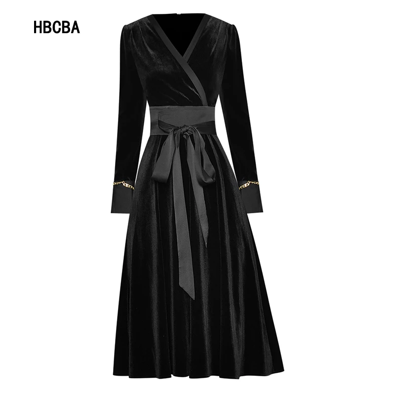

HBCBA Fashion Designer Autumn Winter Black Velvet Dress Women V Neck Beltd High waist Long sleeve Elegant Party Dress