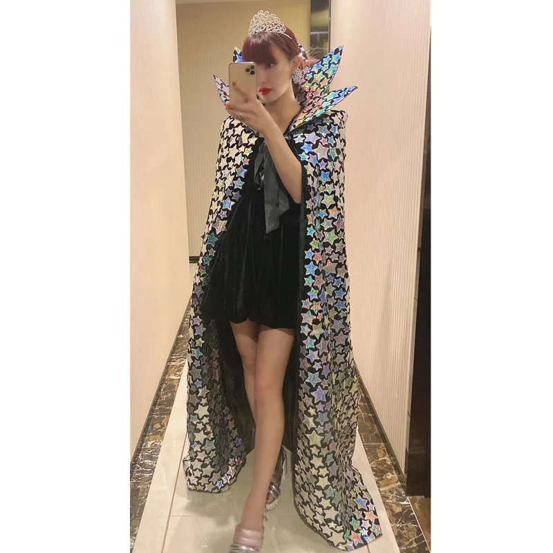 

Для женщин этап плащ для швейных машин Singer, модель серебристого цвета с принтом в виде звезд блестящая стойка воротник длинное пальто ночной клуб бар костюмы для сцены