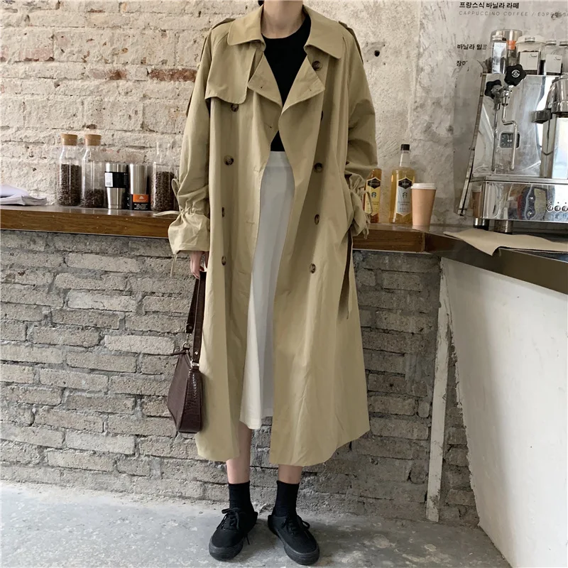 

British Style Vintage Khaki Color Women Trench Coat Autumn Long Jacket Double Breasted Overcoat