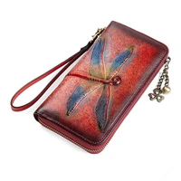 new retro handmade embossing genuine leather luxury hand wallet vintage dragonfly purse womens long wallet women clutch bag