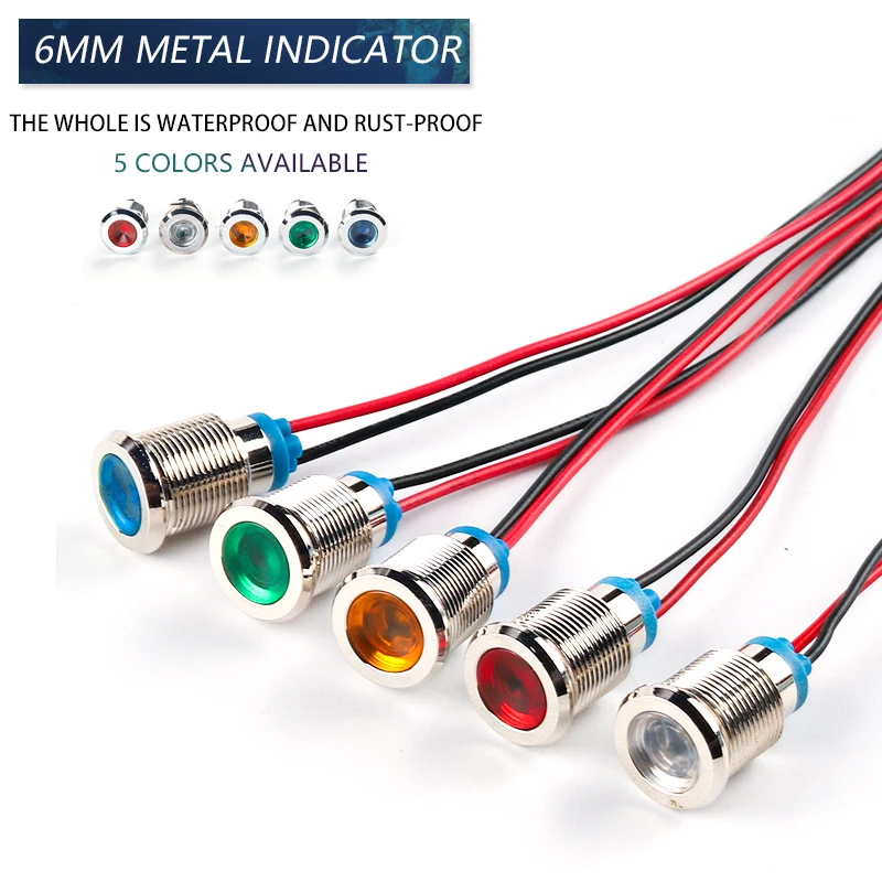 6mm LED indicatore luminoso in metallo impermeabile con filo 3V 6V 12V 24V 110V 220V pulsante in metallo rosso/giallo/blu/verde/bianco