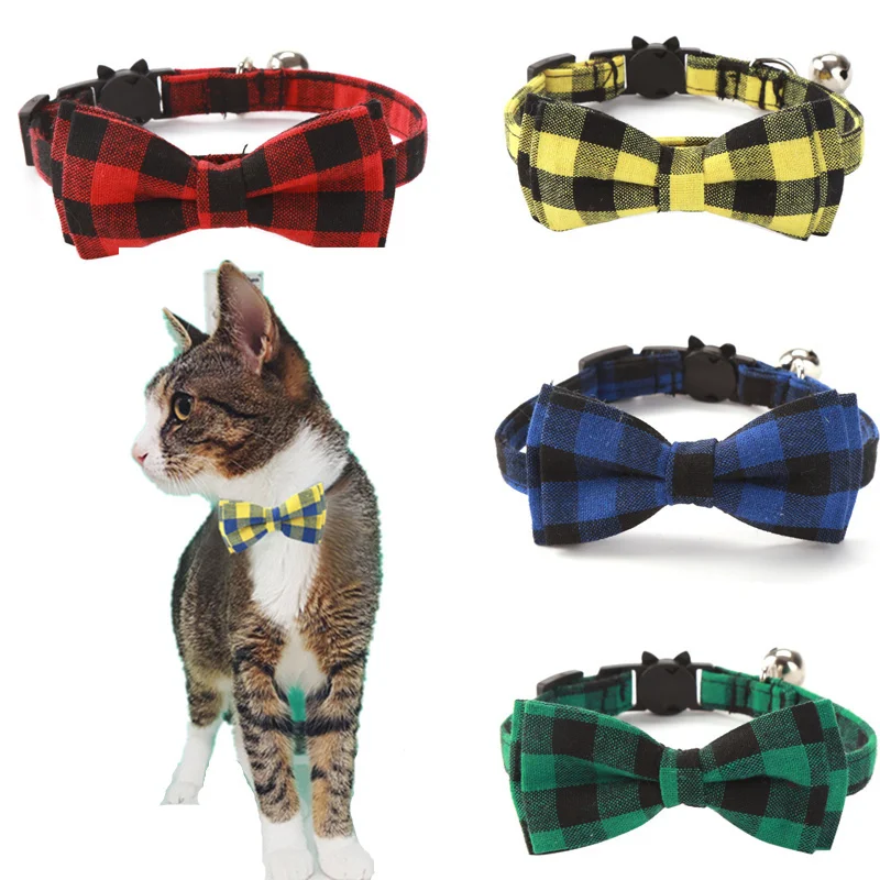 

Colorful Plaid Grid Cat Collars Cotton Striped Bowknot Necklace Bulldog Chihuahua Bow Tie Puppy Small Dog Party Bandana Collar