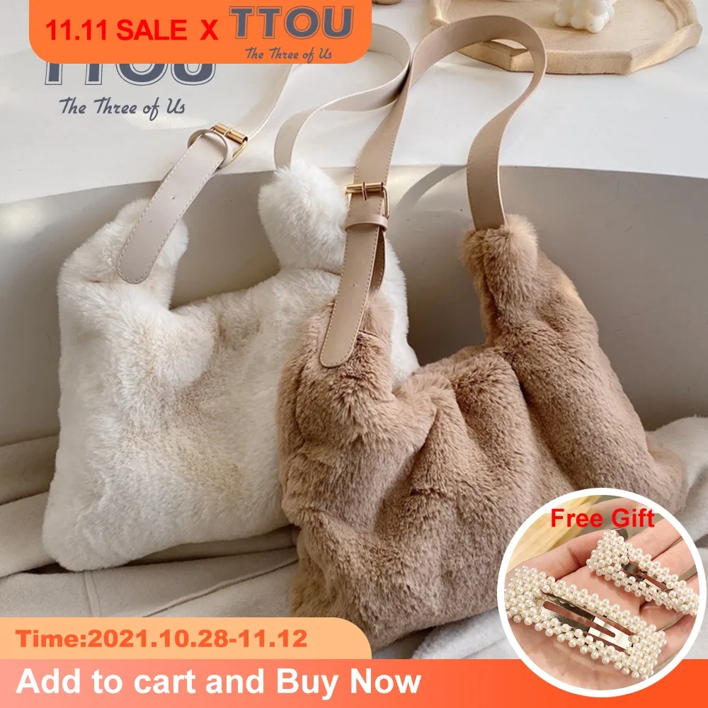 

Качественная плюшевая сумка через плечо для подмышек 2021, женская брендовая однотонная Повседневная сумка, осенняя трендовая пушистая Сумк...